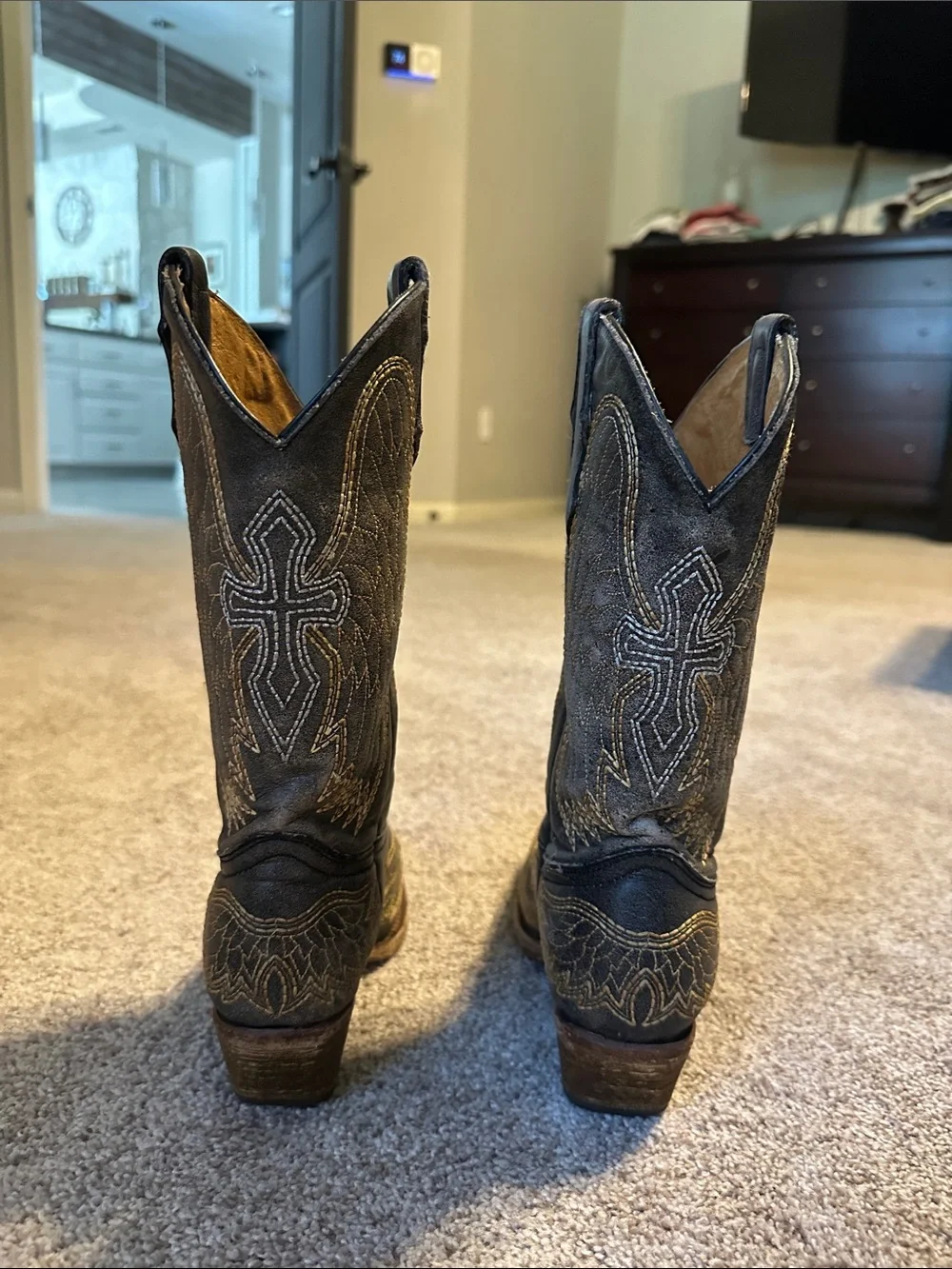 Kids Black Wing-Embroidered Western Boots